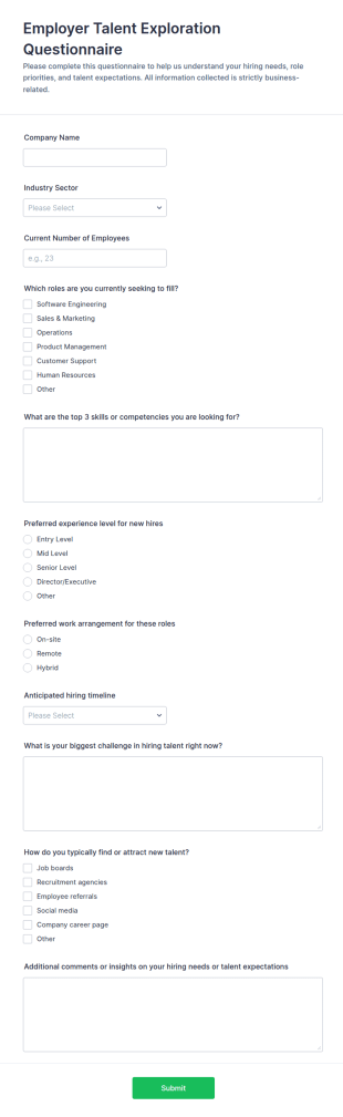 Employer Talent Exploration Questionnaire Form Template