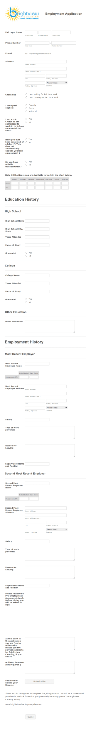 Employment Application Form Template