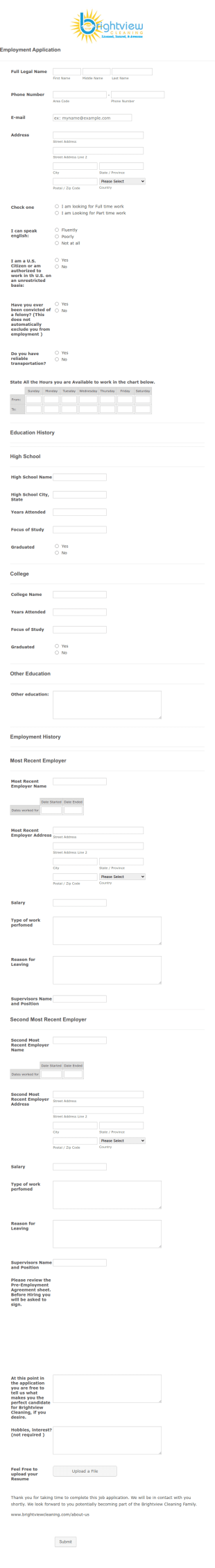 Employment Application Form Template