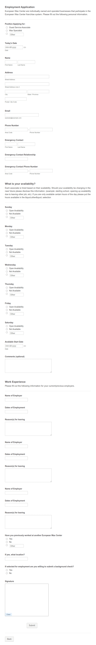 Employment Application EWC/ALS Form Template