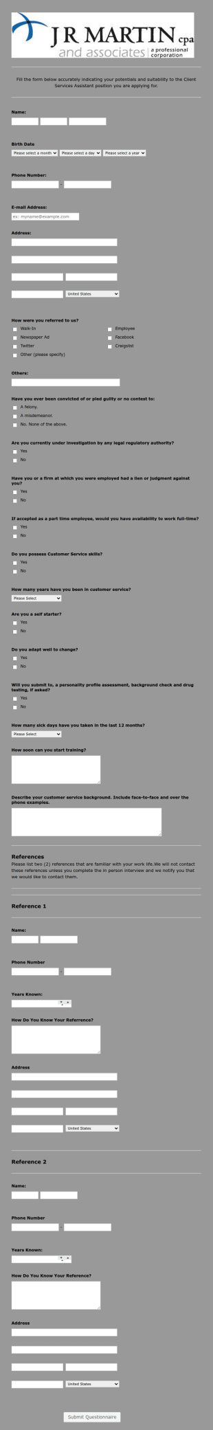 Employment Application Form Template