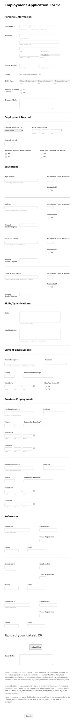 Employment Application Form Template