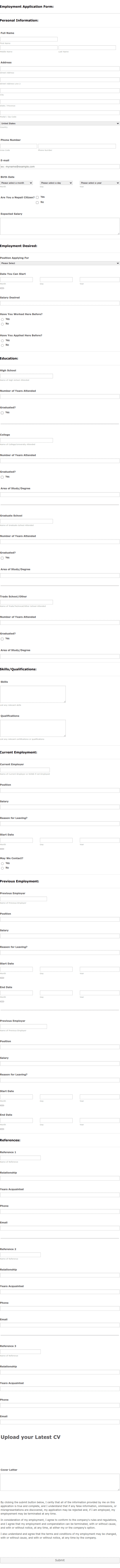 Employment Application Form Template