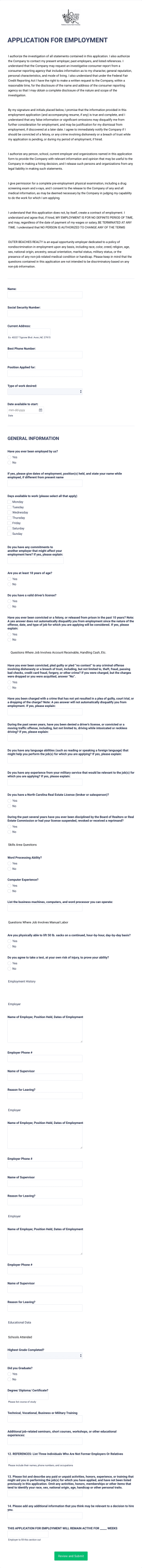 Employment Application Form Template