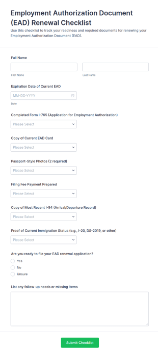 Employment Authorization Document Renewal Checklist Form Template