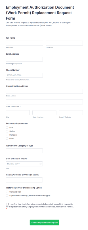 Employment Authorization Document Replacement Request Form Template