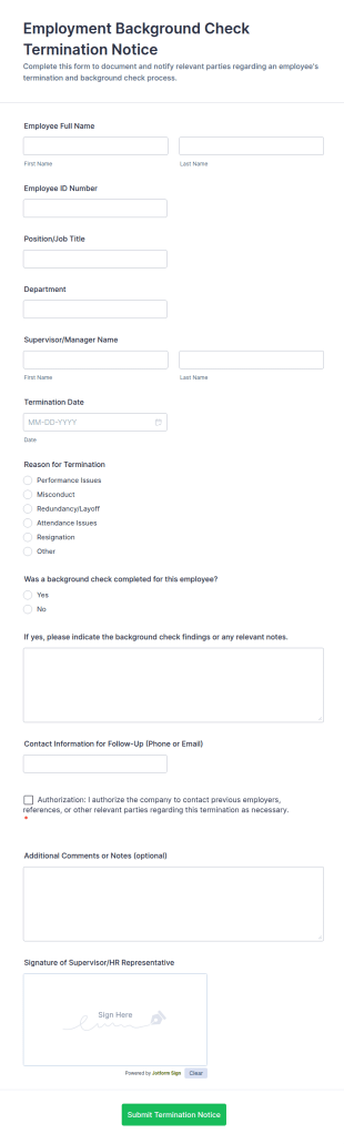 Employment Background Check Termination Notice Form Template