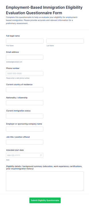 Employment Based Immigration Eligibility Evaluation Questionnaire Form Template