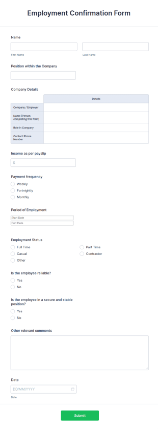 Employment Confirmation Form Template