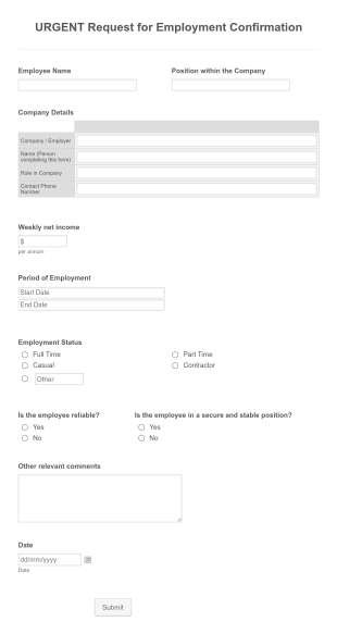 Employment Confirmation Request Form Template