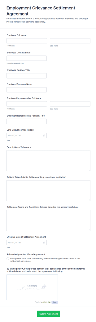 Employment Grievance Settlement Agreement Form Template