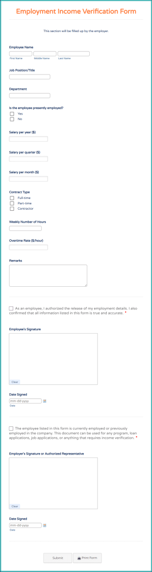 Employment Income Verification Form Template