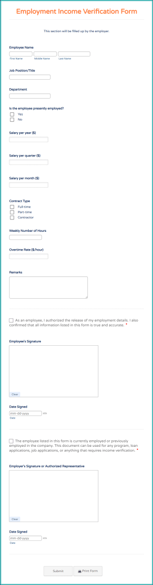 Employment Income Verification Form Template
