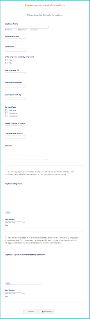Employment Income Verification Form Template