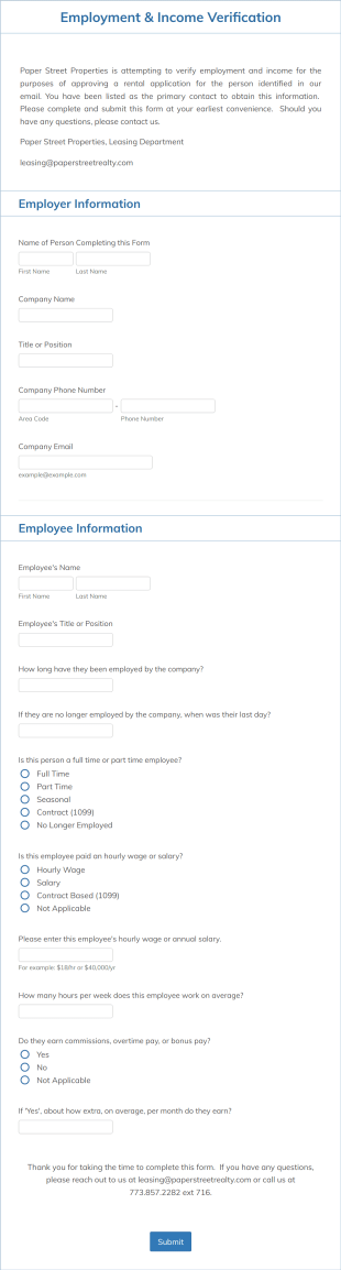 EmploymentIncome Verification Form Template