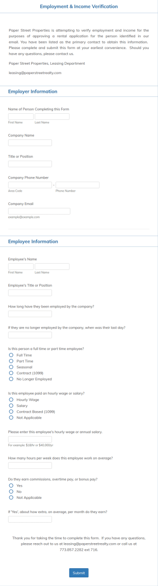 EmploymentIncome Verification Form Template