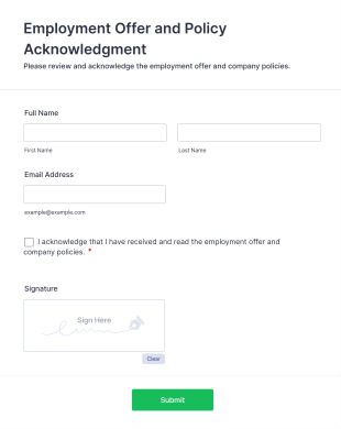 Employment Offer And Policy Acknowledgment Form Form Template