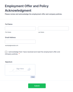 Employment Offer And Policy Acknowledgment Form Template