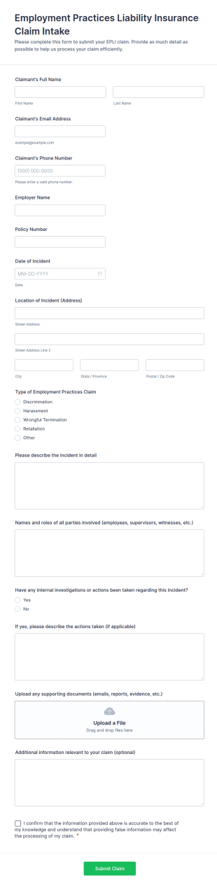 Employment Practices Liability Insurance Claim Intake Form Template