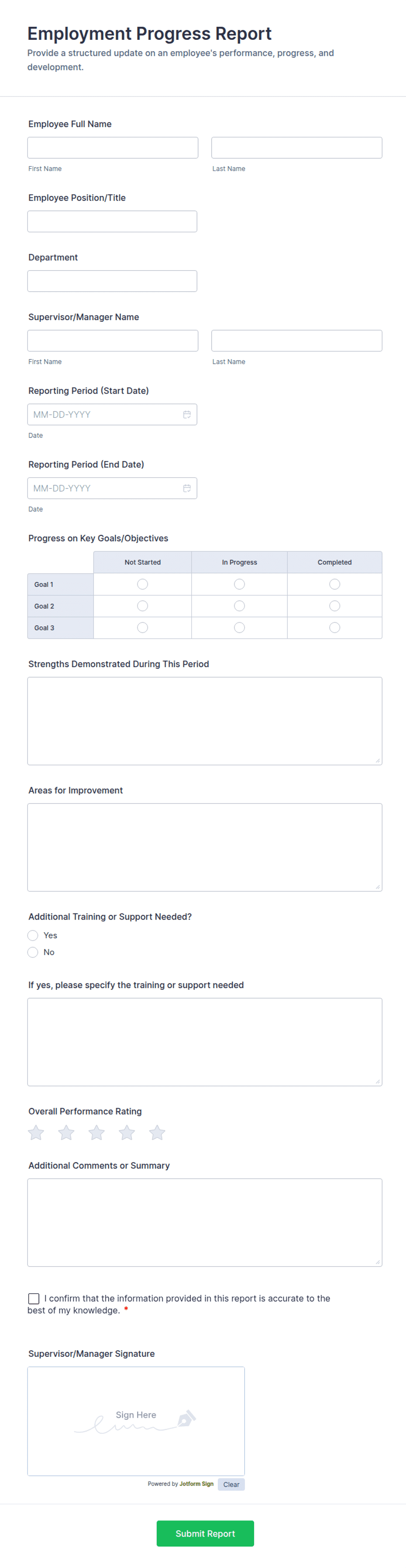 Employee Progress Update Employment Progress Report Form Template | Jotform