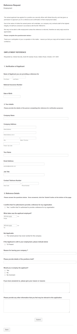 Employment Reference Request Form Template