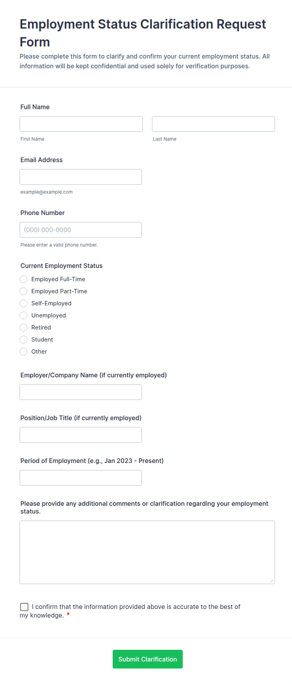 Employment Status Clarification Request Form Template | Jotform