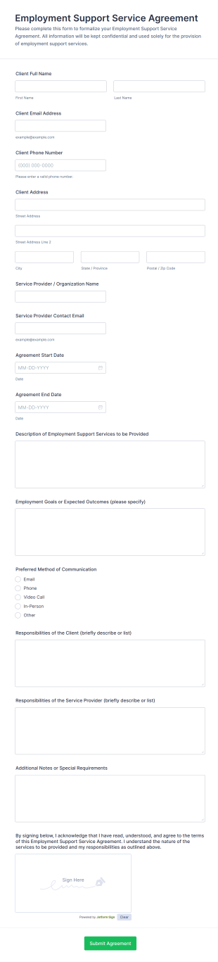 Employment Support Service Agreement Form Template