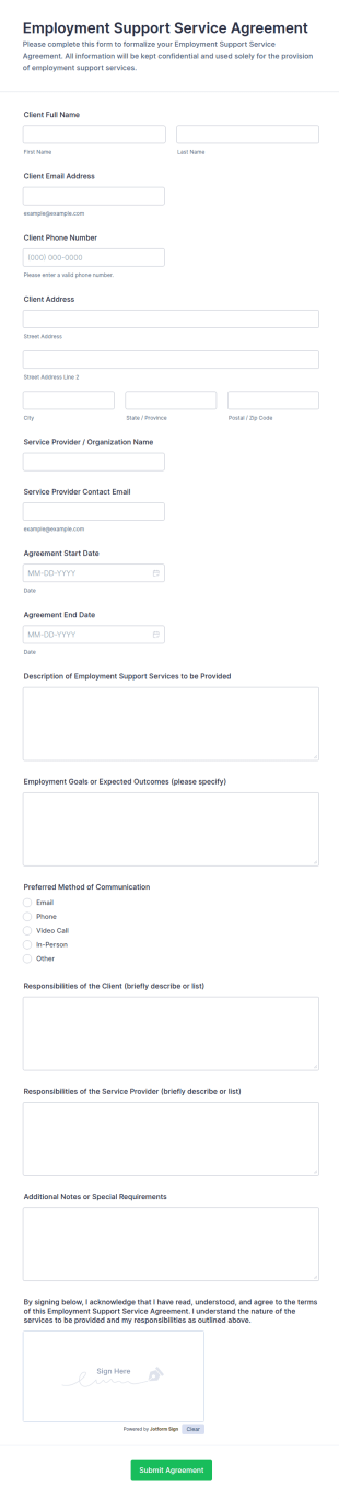 Employment Support Service Agreement Form Template