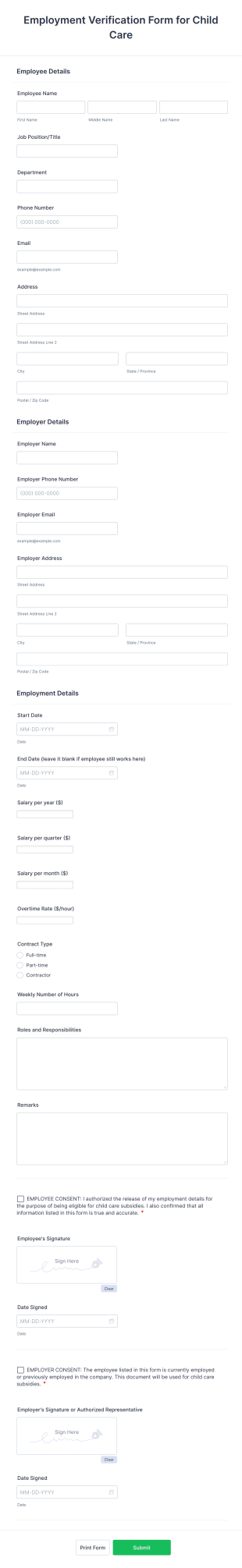 Employment Verification Form For Child Care