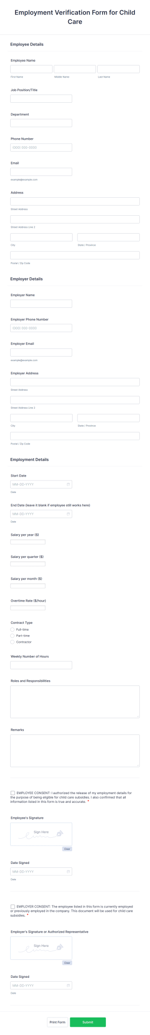 Employment Verification Form For Child Care Form Template