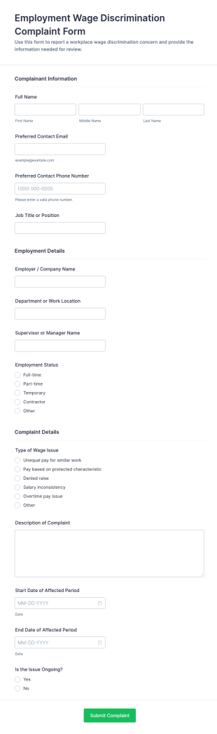 Employment Wage Discrimination Complaint Form Template