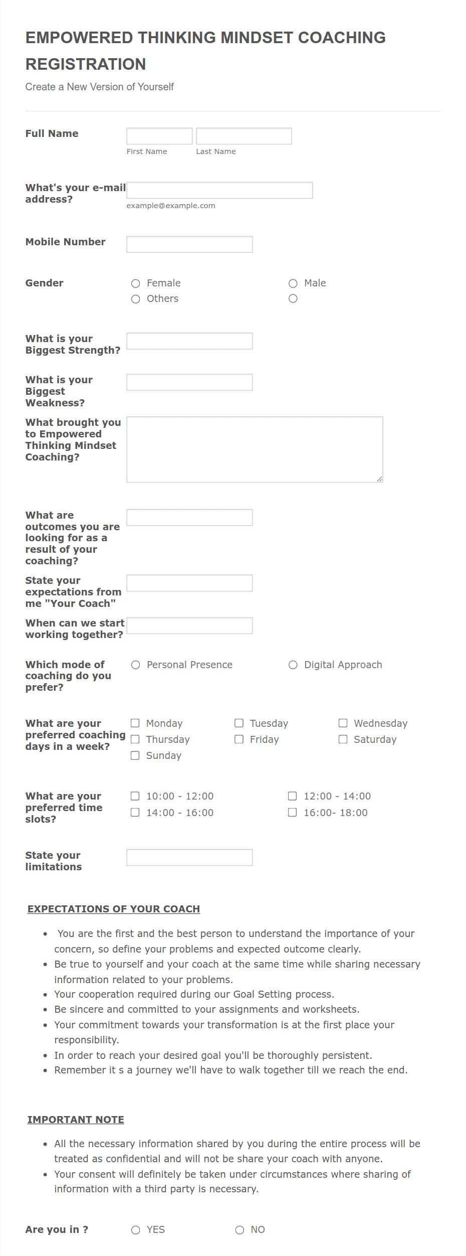 Empowered Thinking Mindset Coaching Registration Form Template 