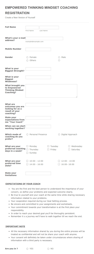 Empowered Thinking Mindset Coaching Registration Form Template