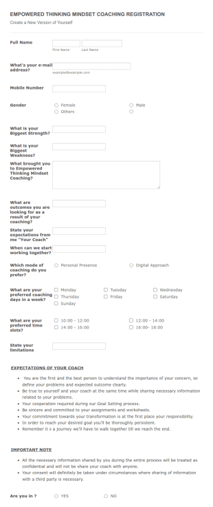 Empowered Thinking Mindset Coaching Registration Form Template
