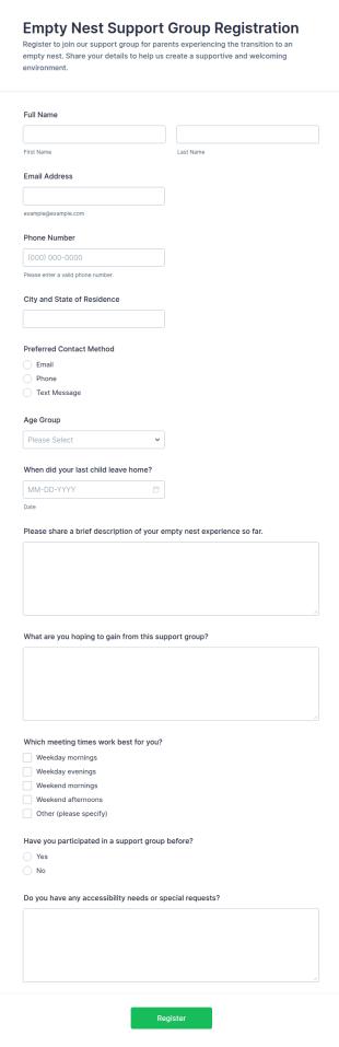 Empty Nest Support Group Registration Form Template