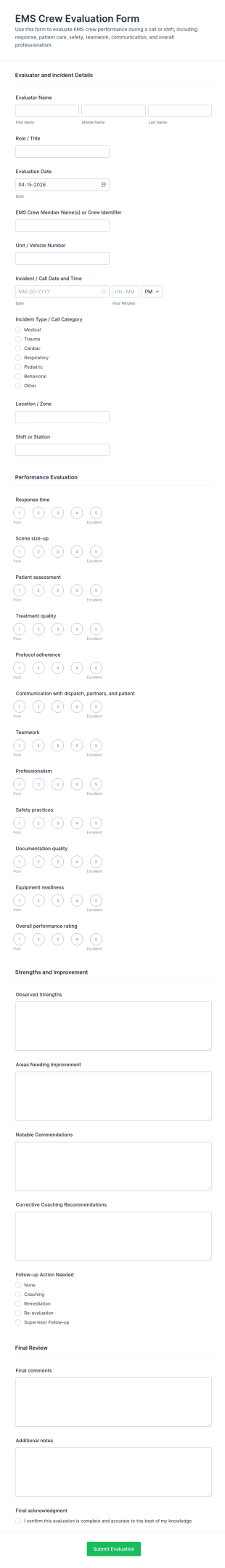 EMS Crew Evaluation Form Template