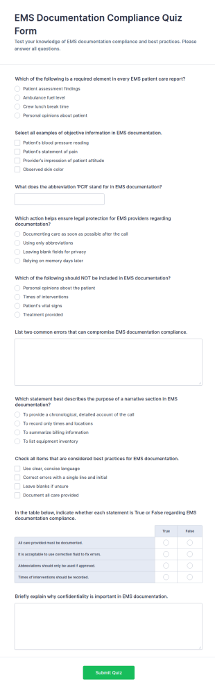 EMS Documentation Compliance Quiz Form Template
