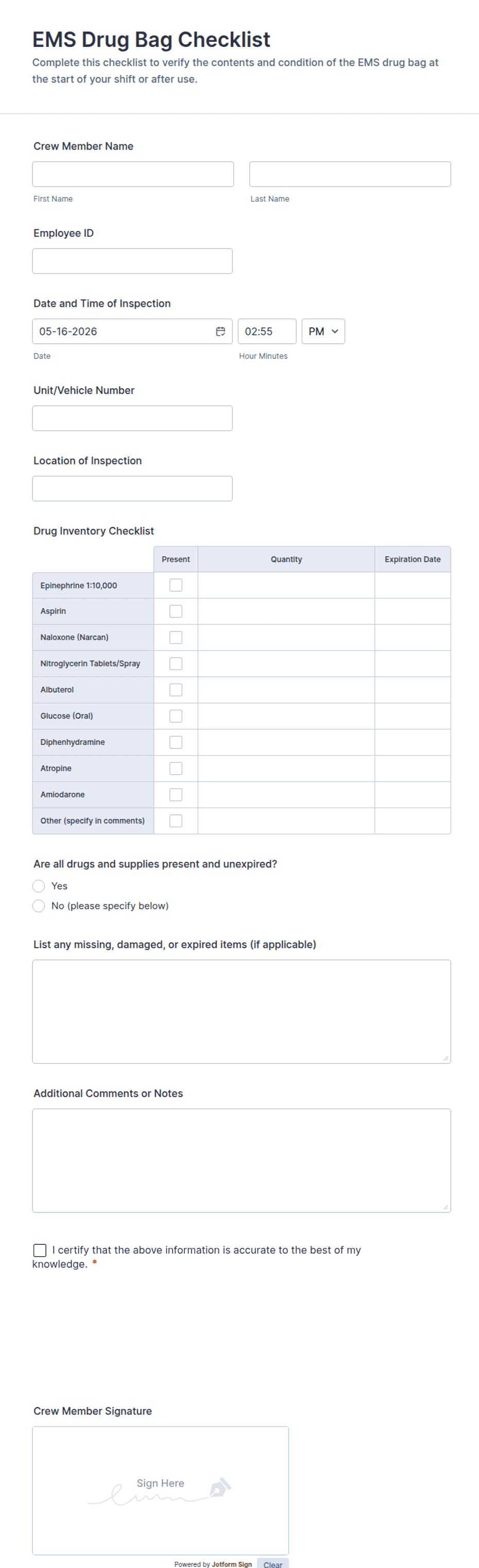EMS Drug Bag Checklist Form Template | Jotform