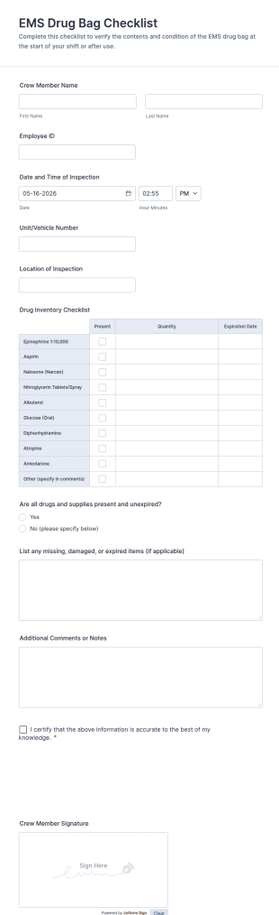 EMS Drug Bag Checklist Form Template
