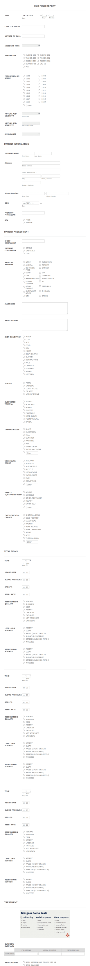 Emergency Medical Services Field Report Form Template