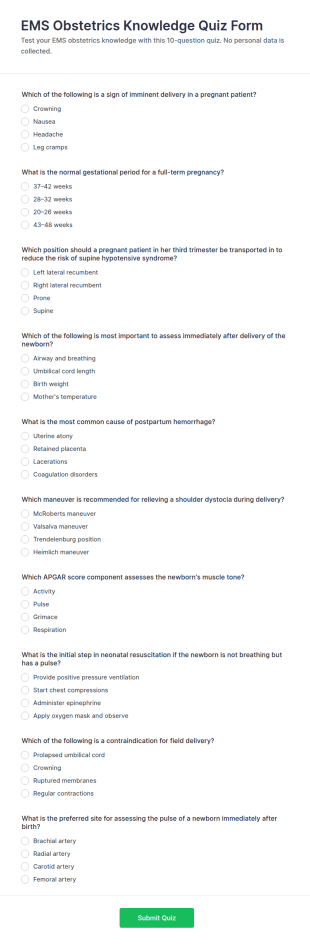 EMS Obstetrics Knowledge Quiz Form Template