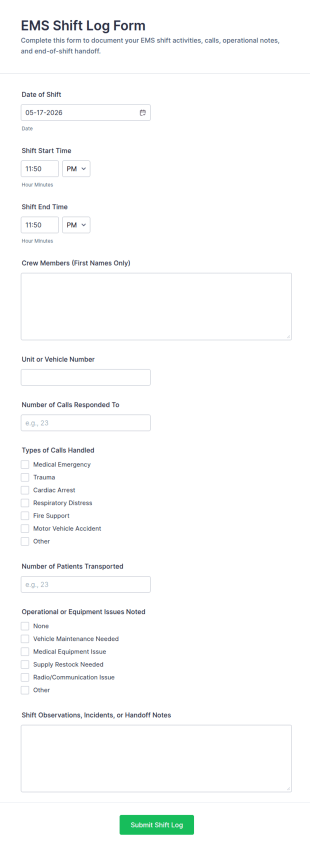 EMS Shift Log Form Template