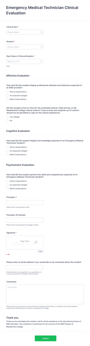 EMT Clinical Evaluation Form Template