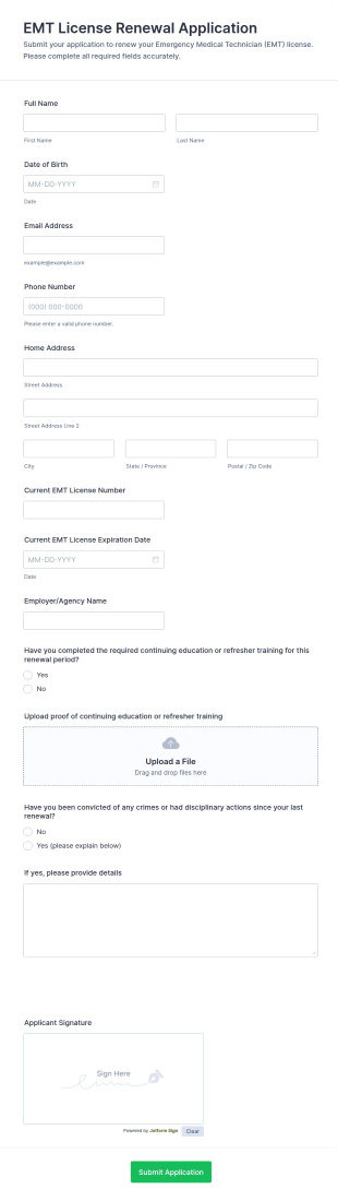 EMT License Renewal Application Form Template