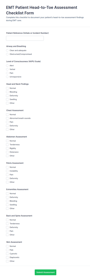 EMT Patient Head To Toe Assessment Checklist Form Template