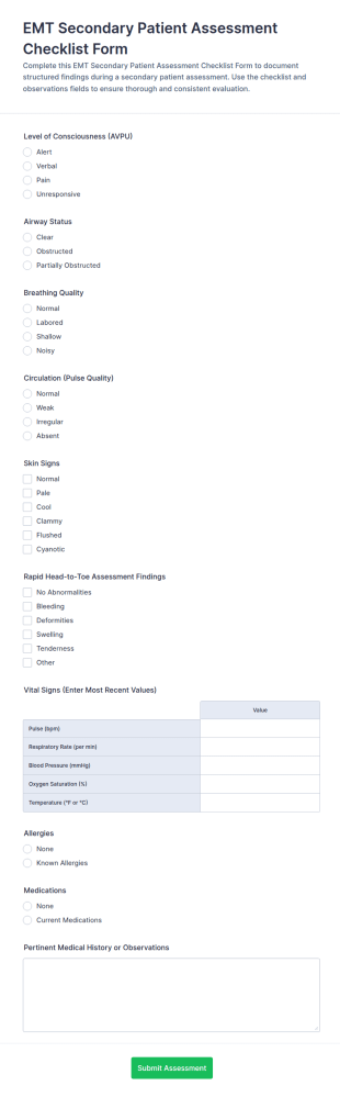 EMT Secondary Patient Assessment Checklist Form Template
