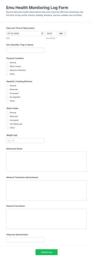 Emu Health Monitoring Log Form Template