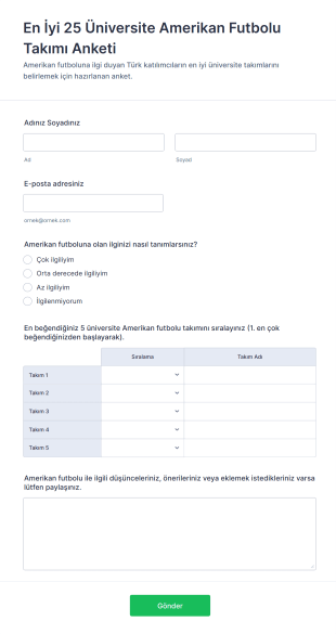 En İyi 25 Üniversite Amerikan Futbolu Takımı Anketi Form Template