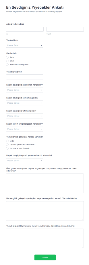 En Sevdiğiniz Yiyecekler Anketi Form Şablonu