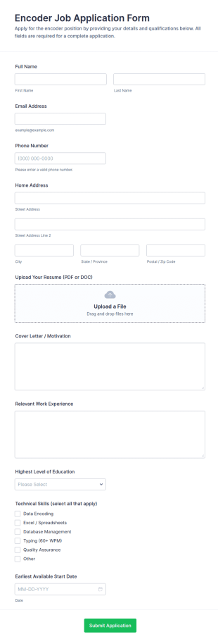 Encoder Job Application Form Template